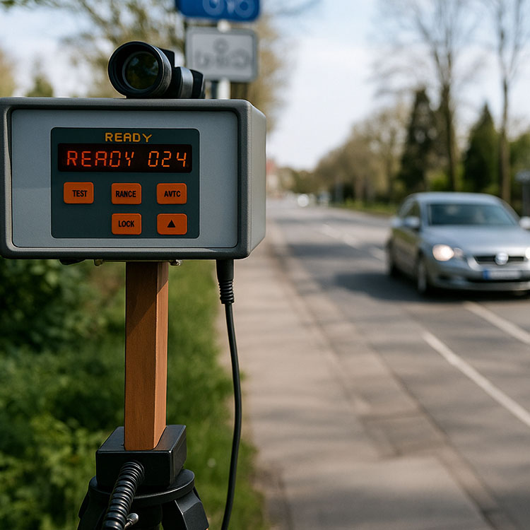Radargerät auf Stativ misst Geschwindigkeit eines herannahenden Autos am Straßenrand