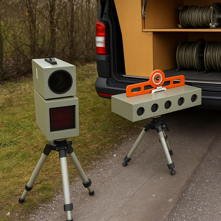 Aufgebautes mobiles Blitzer-Messsystem mit Sensoren, Kameraeinheit und Kabelausrüstung am geöffneten Messfahrzeug